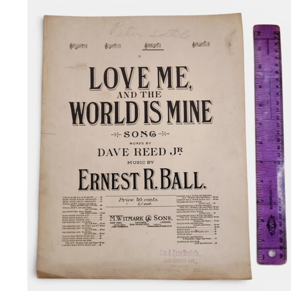 Love Me and the World Is Mine 1906 Antique Sheet Music Ernest Ball Sepia Typogra